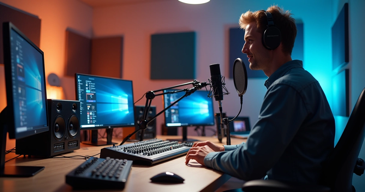 Pessoa gravando podcast em estúdio moderno com equipamentos profissionais 