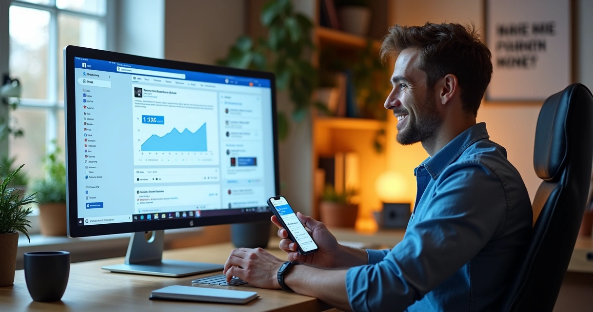 Homem em home office criando conteúdo para Facebook com gráficos de faturamento em alta 