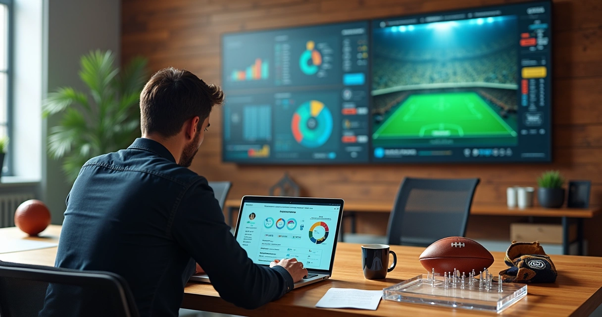 Criador de conteúdo de futebol analisando métricas em mesa com itens esportivos e digitais 