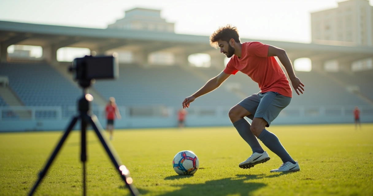 Jovem gravando vídeo de futebol com smartphone em campo