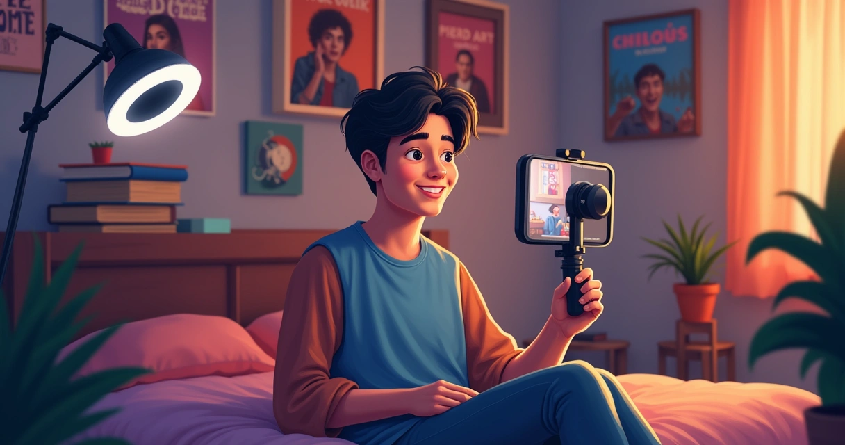 Criador de conteúdo em casa, gravando vídeo divertido