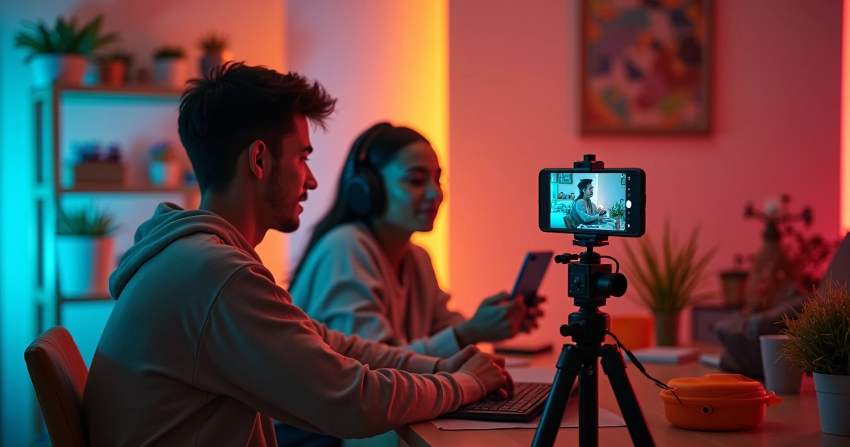 Pessoa grava vídeo vertical para IGTV em estúdio caseiro colorido 