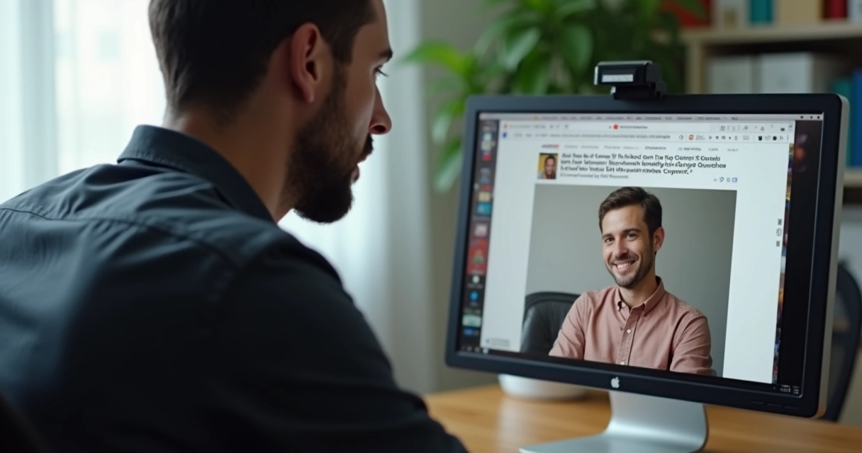 Homem surpreso ao ver sua foto em um anúncio online