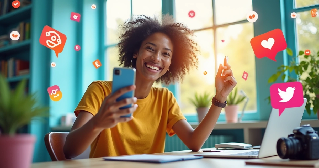 Criador de conteúdo sorridente tirando uma selfie em um espaço de trabalho colorido.