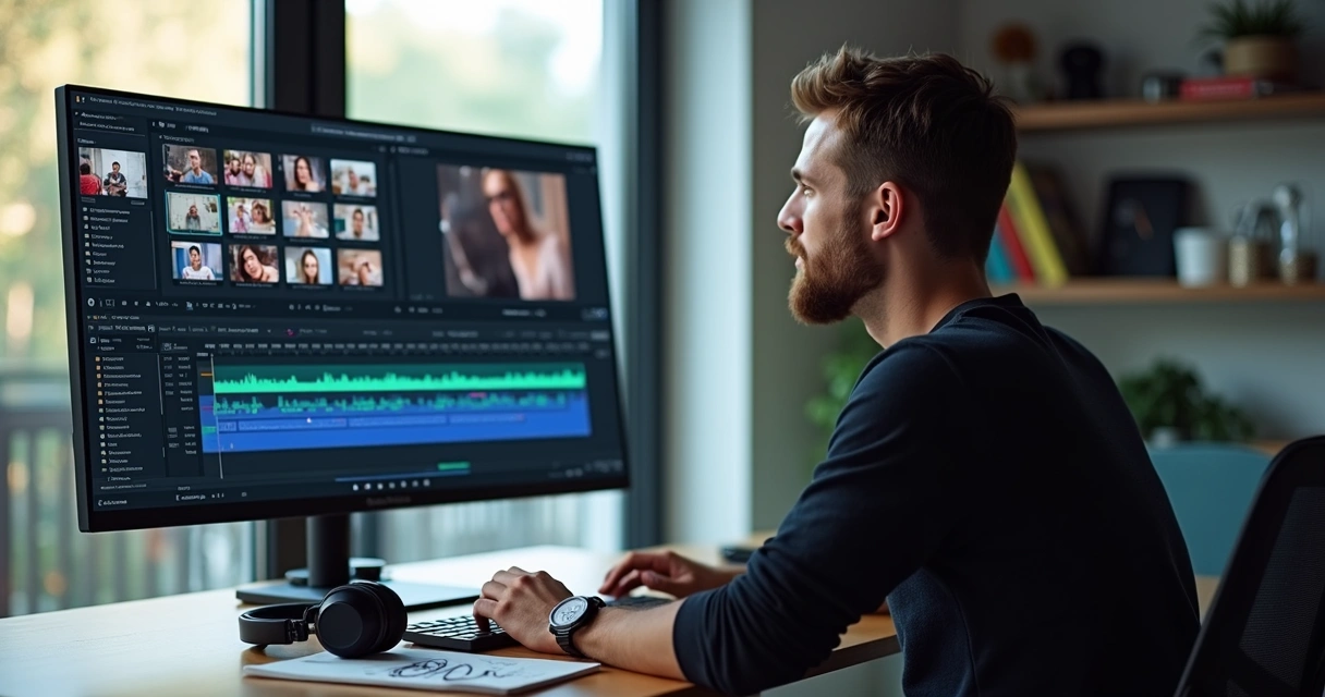 Criador de conteúdo analisando edição automática de vídeo em tela de computador com interface de inteligência artificial 