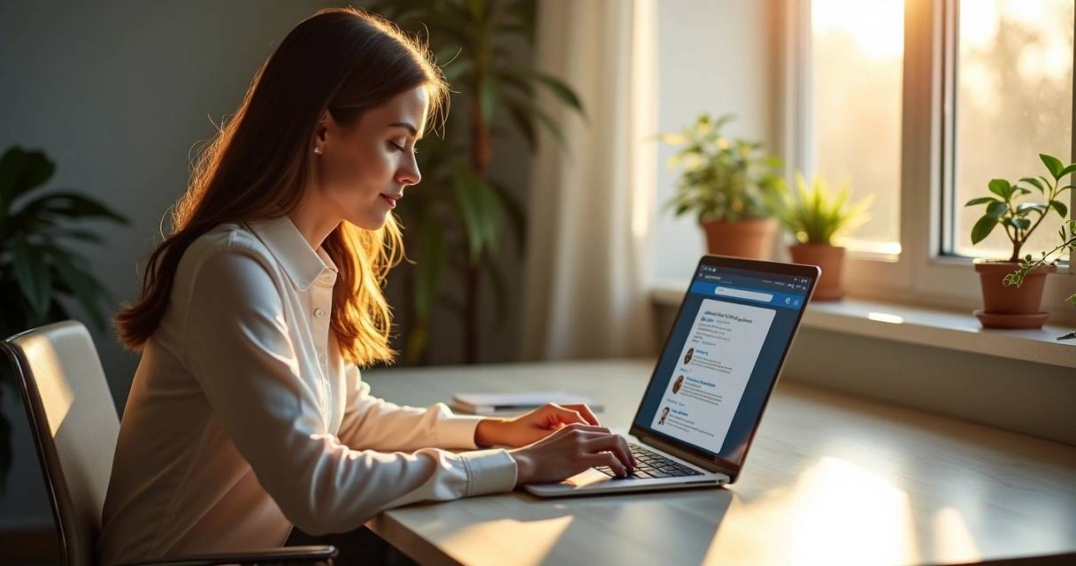 Mulher digitando em notebook, tela exibindo post no LinkedIn 