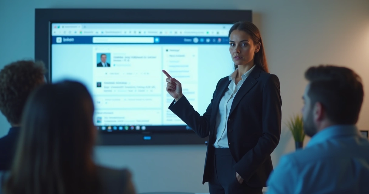 Mulher apresentando conteúdo de LinkedIn em tela 