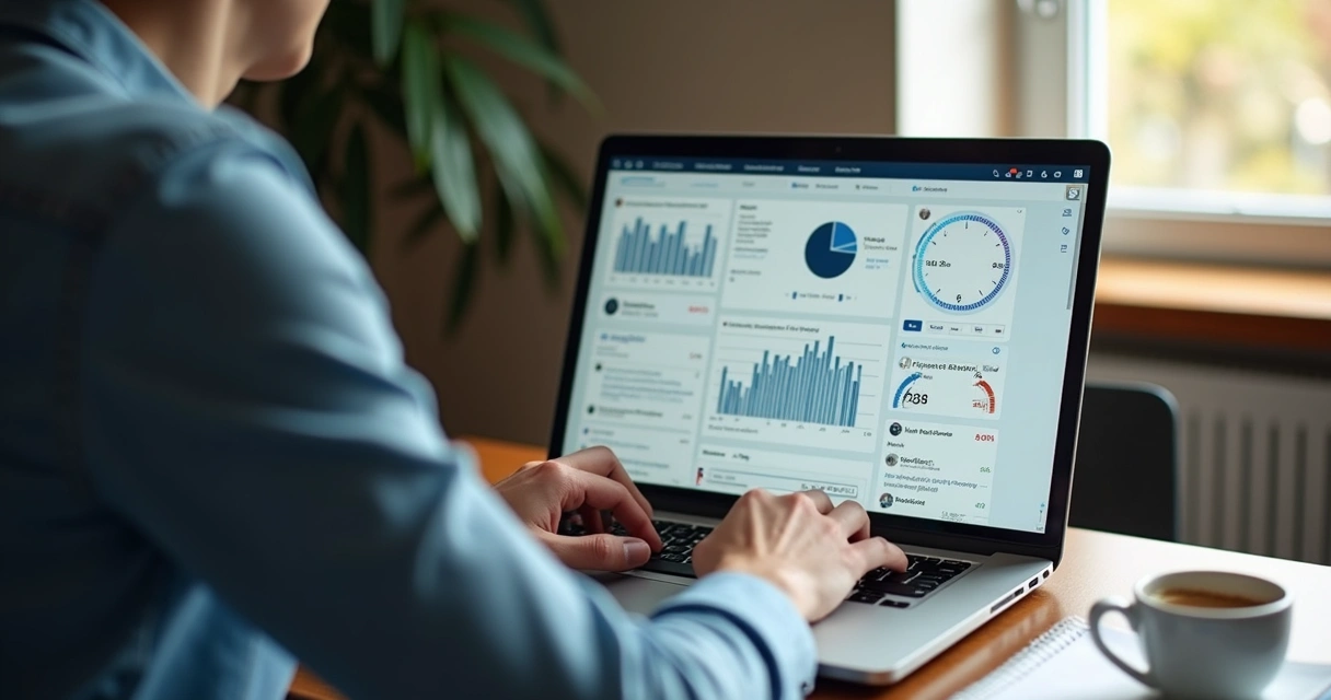 Pessoa digitando rápido em laptop com gráficos de crescimento ao fundo. 