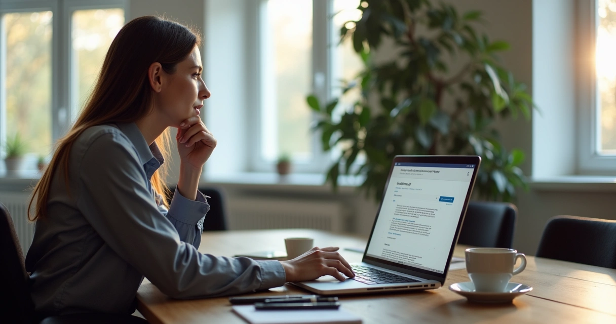 Pessoa revisando ideias de pauta automatizadas em notebook 