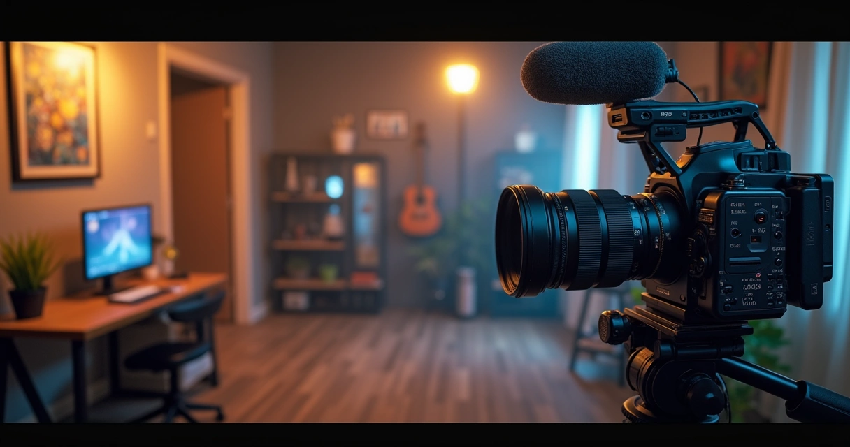 Criador de conteúdo em estúdio profissional com microfone e câmeras, exibindo cenas de compras online em telas ao fundo 