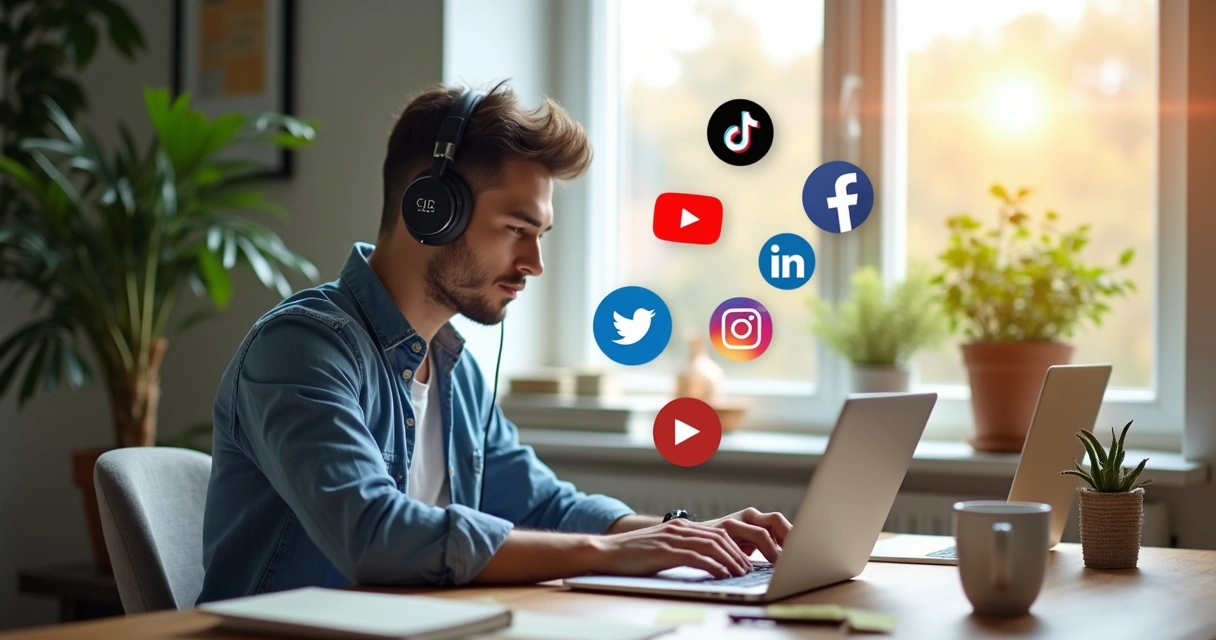 Pessoa usando notebook com seis ícones de redes sociais na tela 