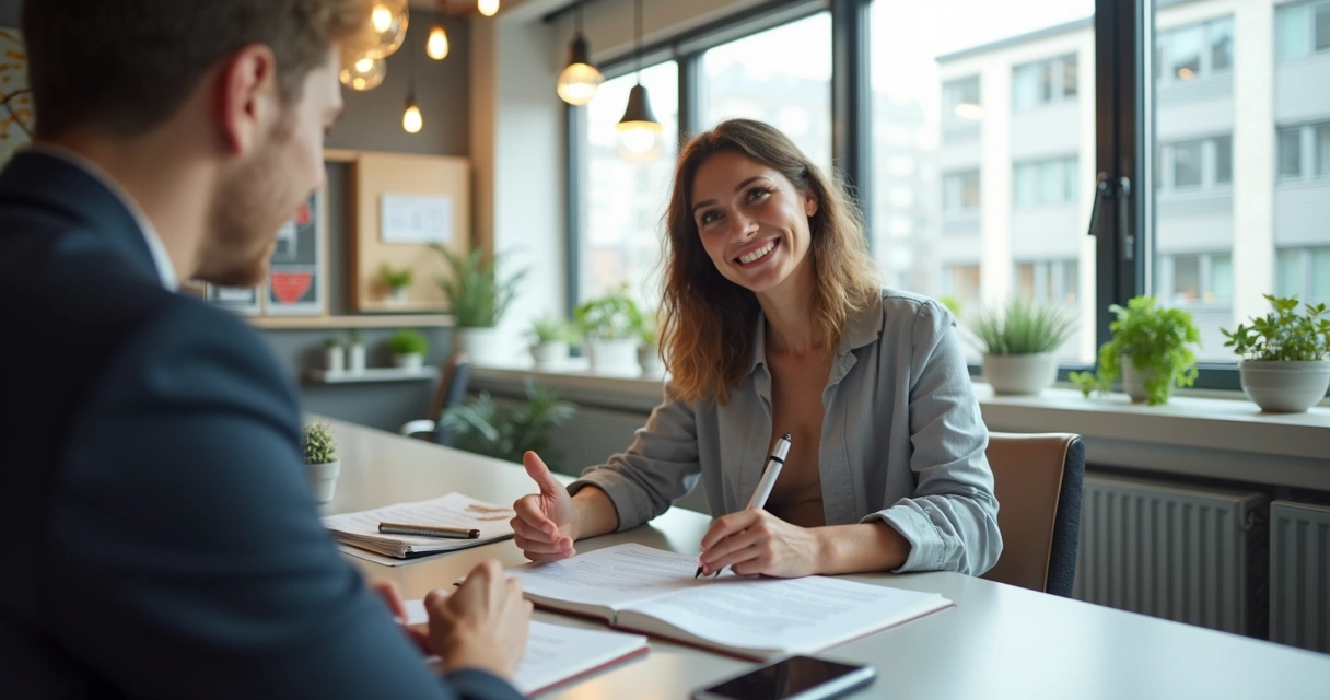 Pessoa sentada à mesa negociando contrato, notebook aberto, papéis à mão, ambiente moderno