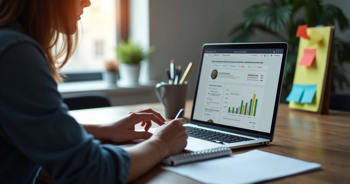 Pessoa criando conteúdo específico para rede social de nicho com computador e caderno 