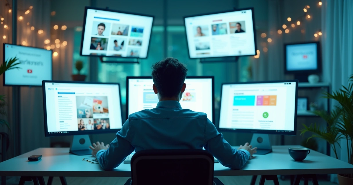 Profissional de marketing gerenciando múltiplos canais digitais 