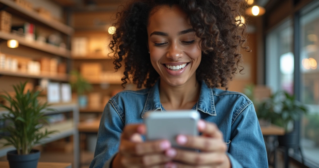 Influenciadora mostrando produto e tela com link personalizado da loja 