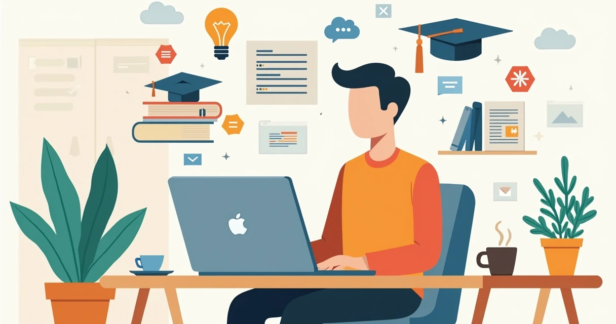 Ilustração corporativa flat de um criador de conteúdo planejando um curso online em um laptop, rodeado por ícones de educação e ferramentas digitais