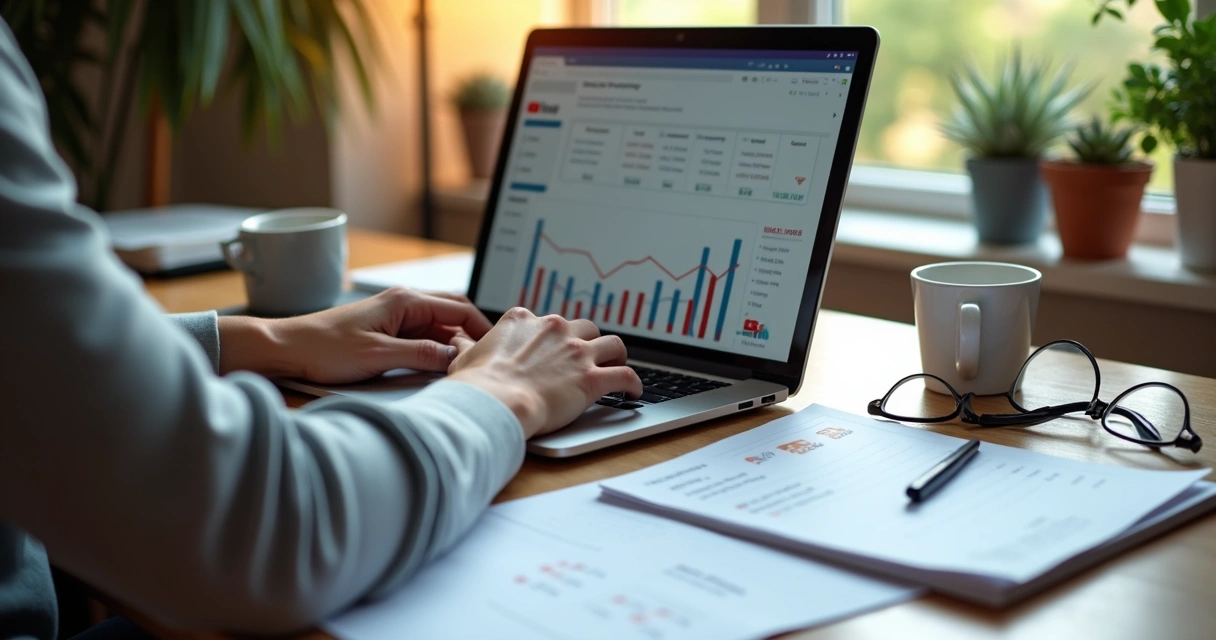 Criador de conteúdo analisando gráficos de receita e despesas 