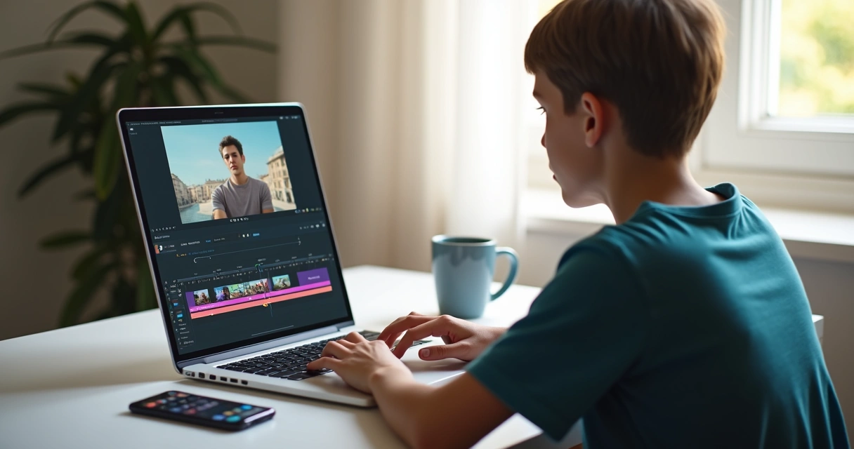 Content creator in front of the computer editing video with subtitles 
