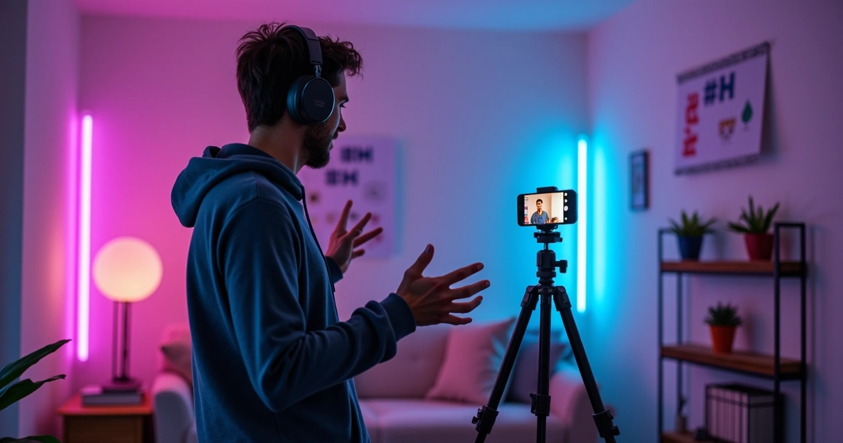 Influencer recording vertical video with colorful LED lights in the background 