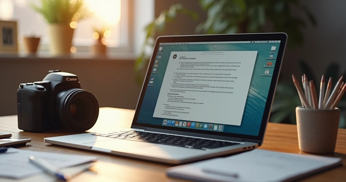 Mesa de trabalho com laptop exibindo roteiro digital para vídeo curto, com anotações e câmera ao lado 