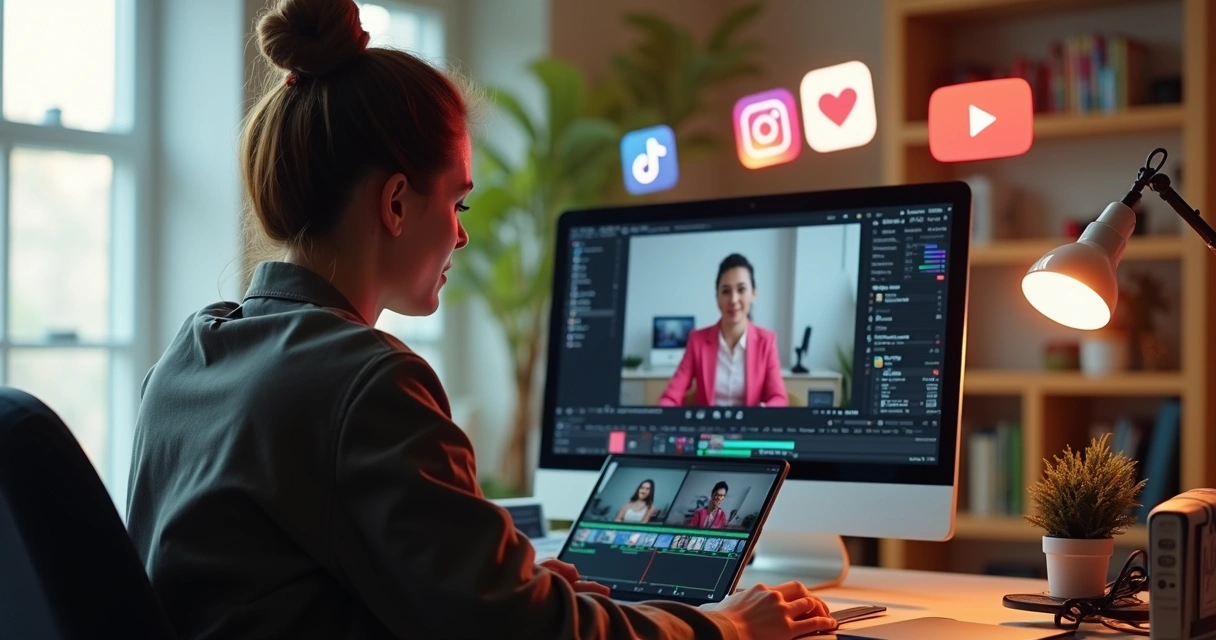 Content creator cutting video in vertical format on laptop, while social media appears in the background.