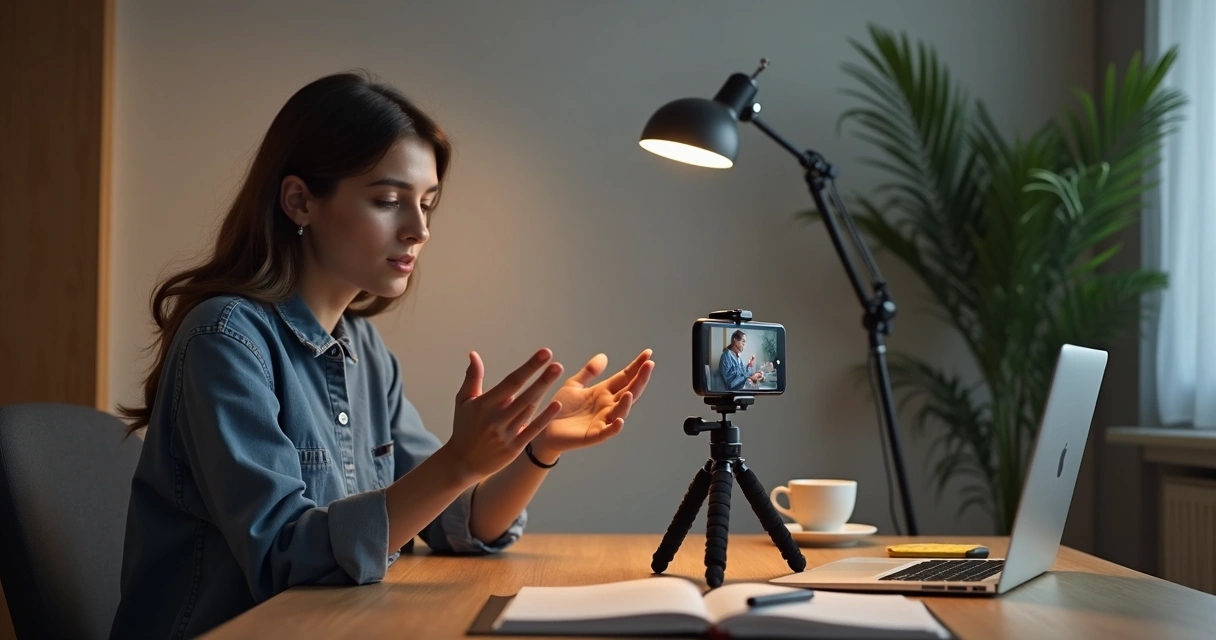 Pessoa com câmera de celular gravando conteúdo para o TikTok em casa, mesa com notebook ao fundo 