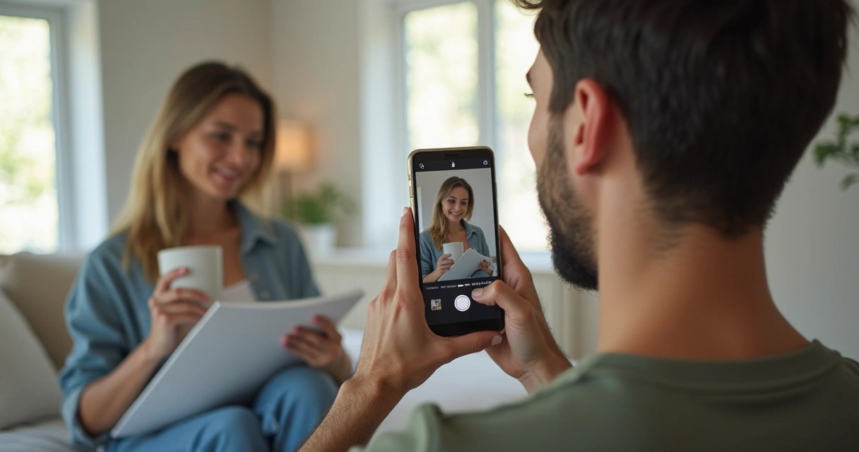 Jovem gravando vídeo de produto em cenário caseiro com luz natural 