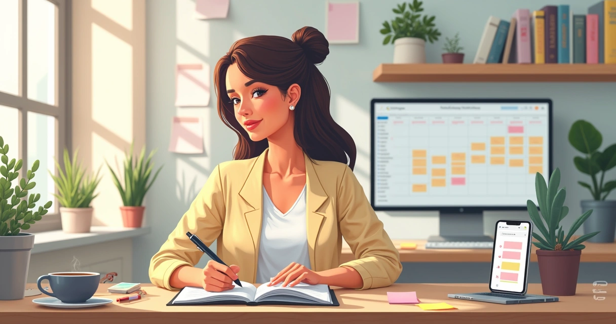 Mulher escrevendo em notebook cercada por anotações e café 