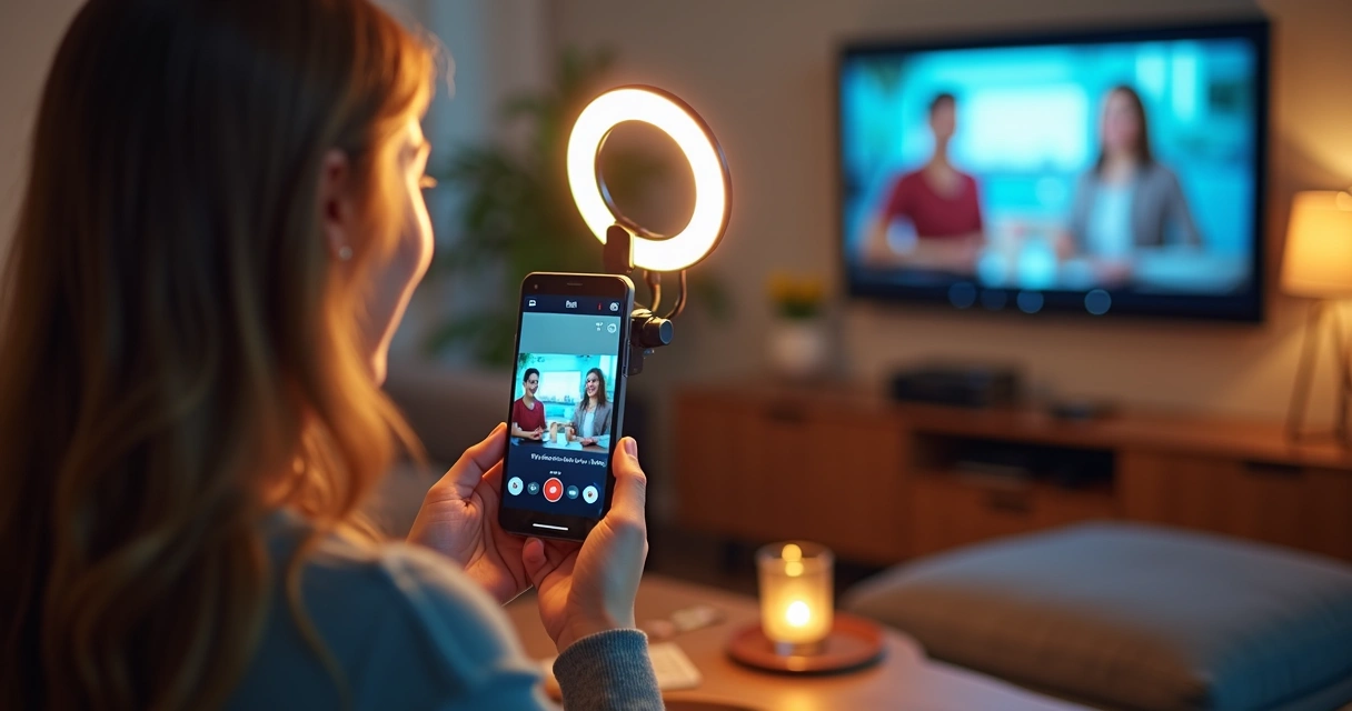 Criador de conteúdo gravando vídeo com celular e luz de LED 