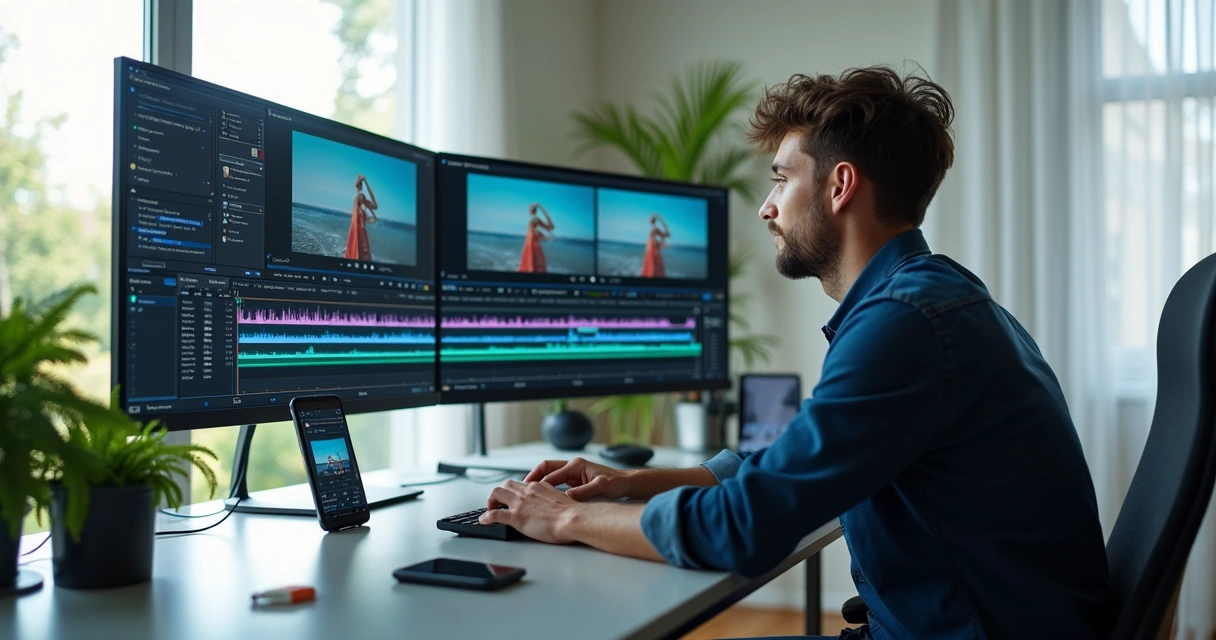 Criador de conteúdo editando vídeo longo no computador em ambiente iluminado e moderno