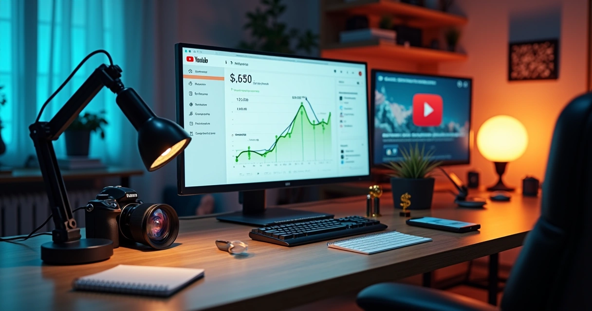 Criador de conteúdo analisando gráficos de ganhos do YouTube no computador 