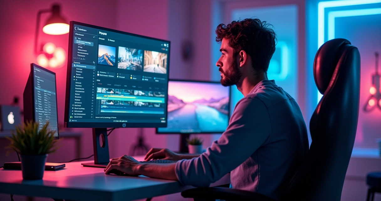 Person in studio editing short video on modern computer