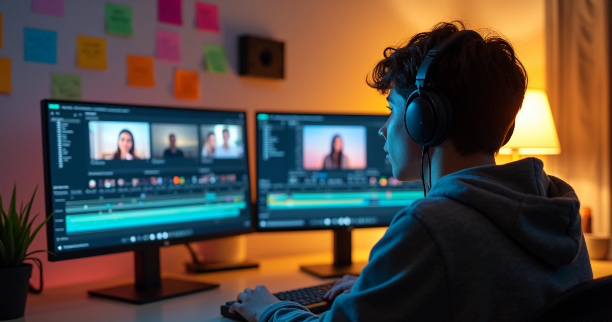 Pessoa editando cortes de vídeo em computador moderno 