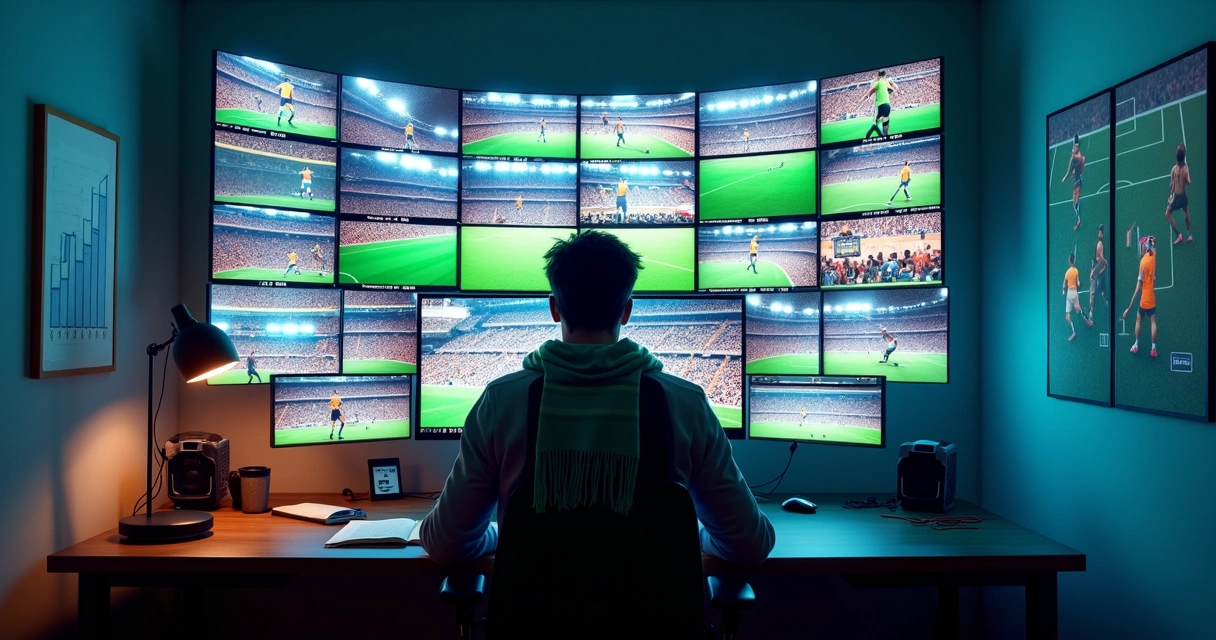 Criador de conteúdo de futebol cercado por tela vertical com cortes e reacts 