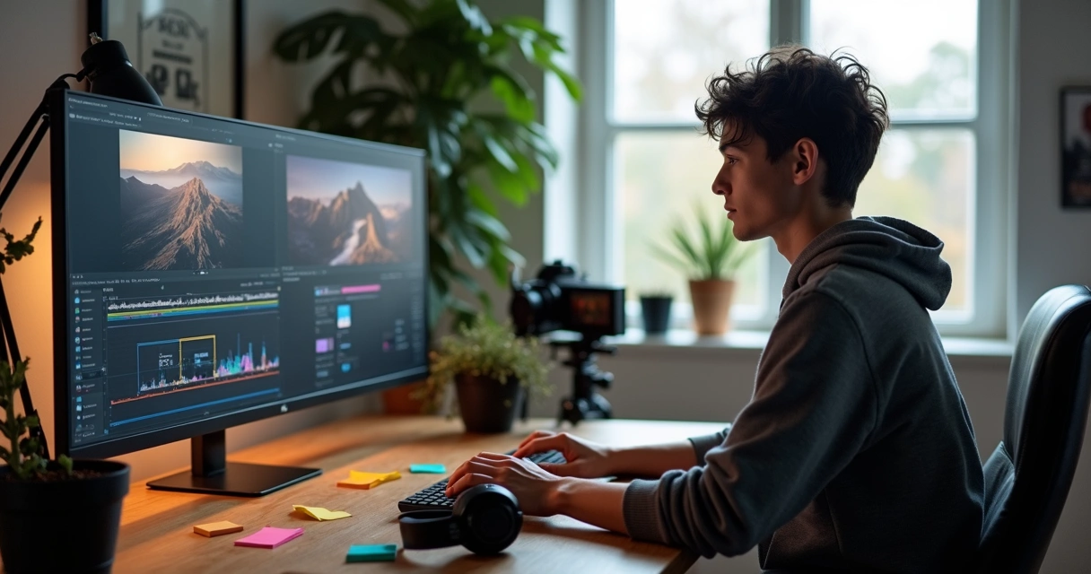 Pessoa usando computador para editar cortes de vídeo 