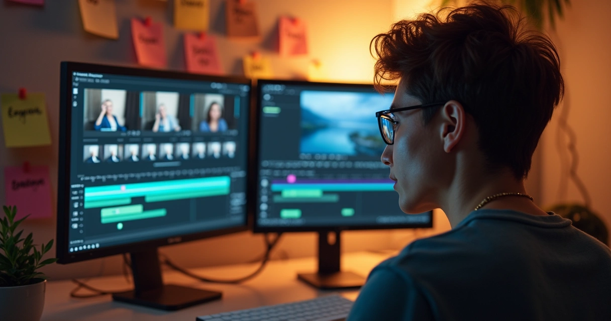 Pessoa editando vídeo em dois monitores, com cortes destacados em vários quadros