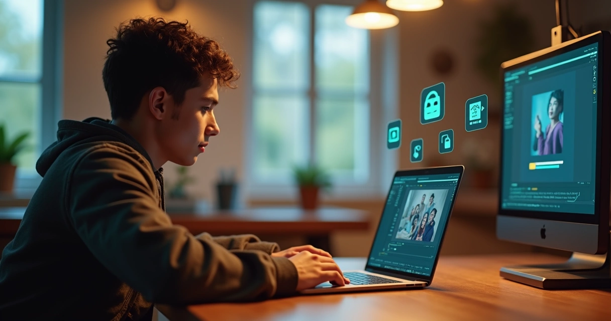 Pessoa editando cortes automáticos de vídeo em um notebook, com redes sociais abertas ao fundo 