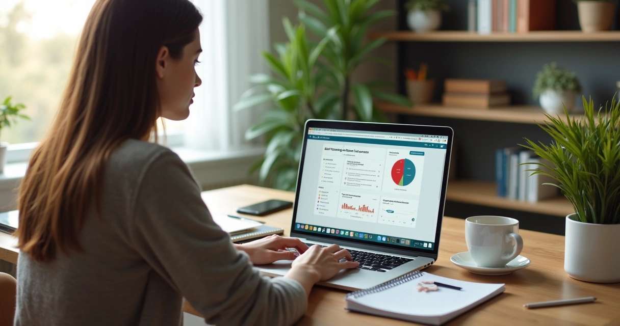 Pessoa criando e organizando cursos online em uma plataforma digital, com gráficos de progresso na tela 