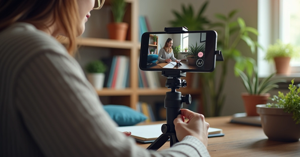 Pessoa gravando vídeo com smartphone e anotações ao lado 