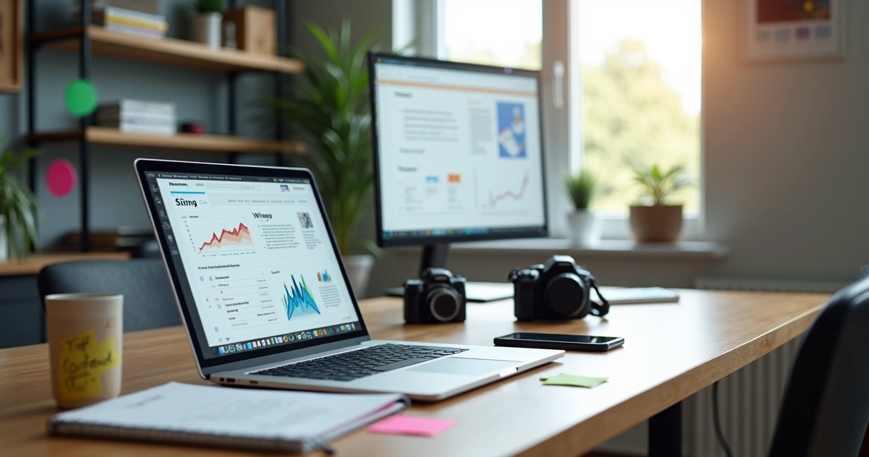 Criador de conteúdo trabalhando em escritório com notebook câmera e gráficos de desempenho 
