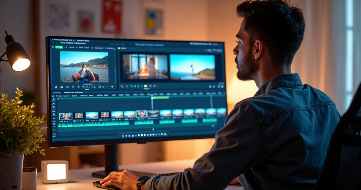 Person editing video on a modern computer, with AI interface and automatic cuts 