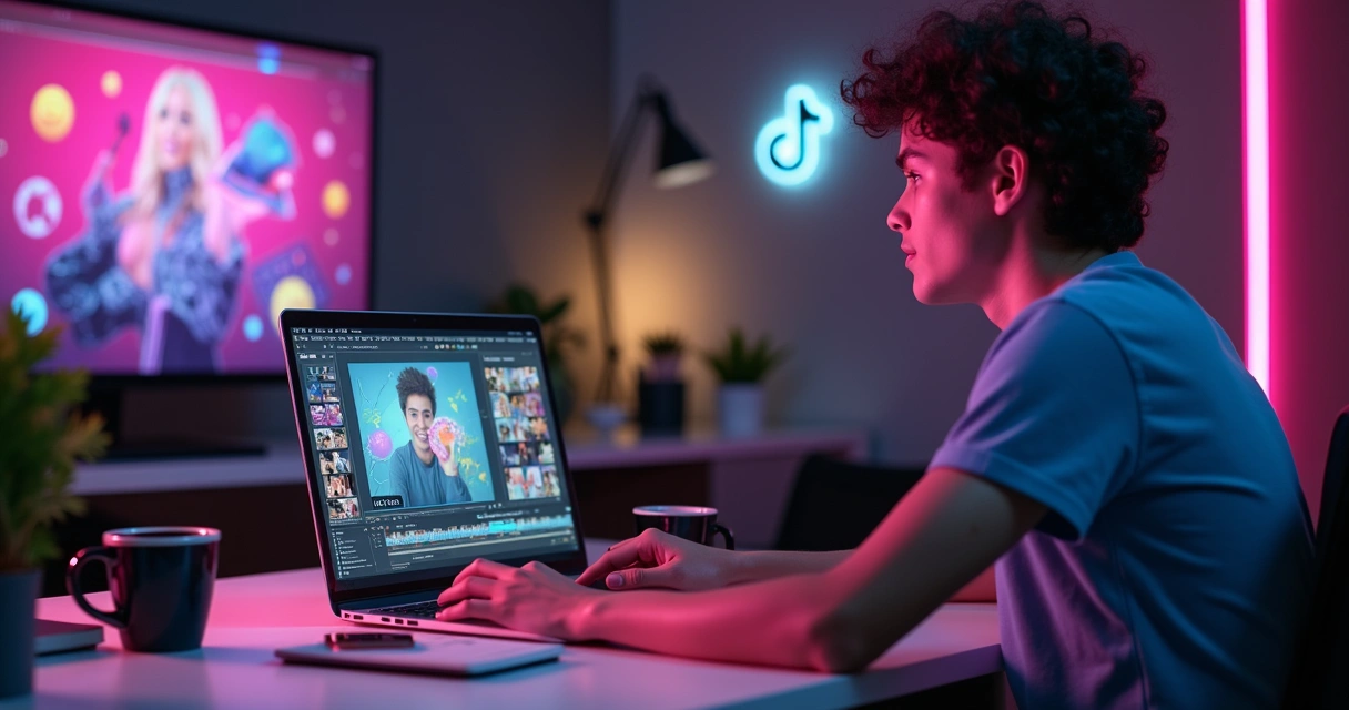 Pessoa editando vídeo em notebook com tela colorida 