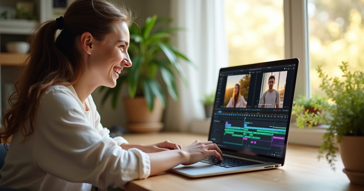 Pessoa editando vídeo no notebook com interface de IA e ajustes automáticos 