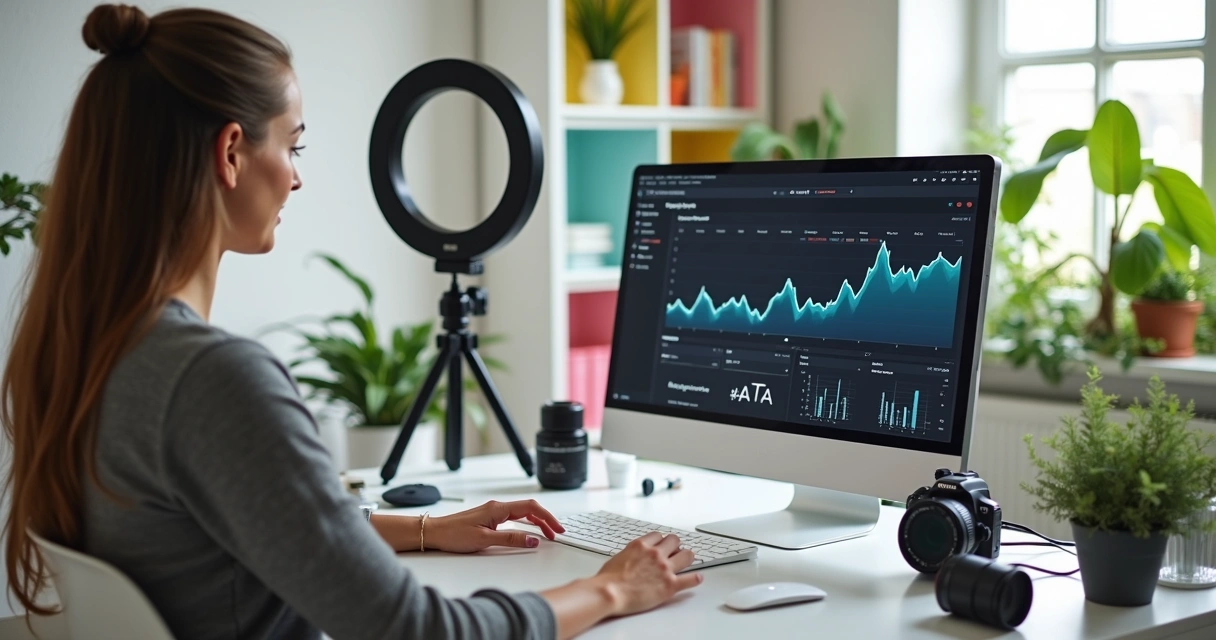 Influenciador digital gravando vídeo com equipamentos e produtos sobre a mesa 