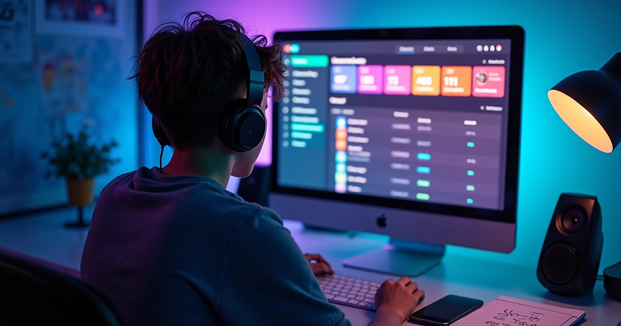 Criador de conteúdo sentado na frente do computador analisando músicas populares no TikTok. 