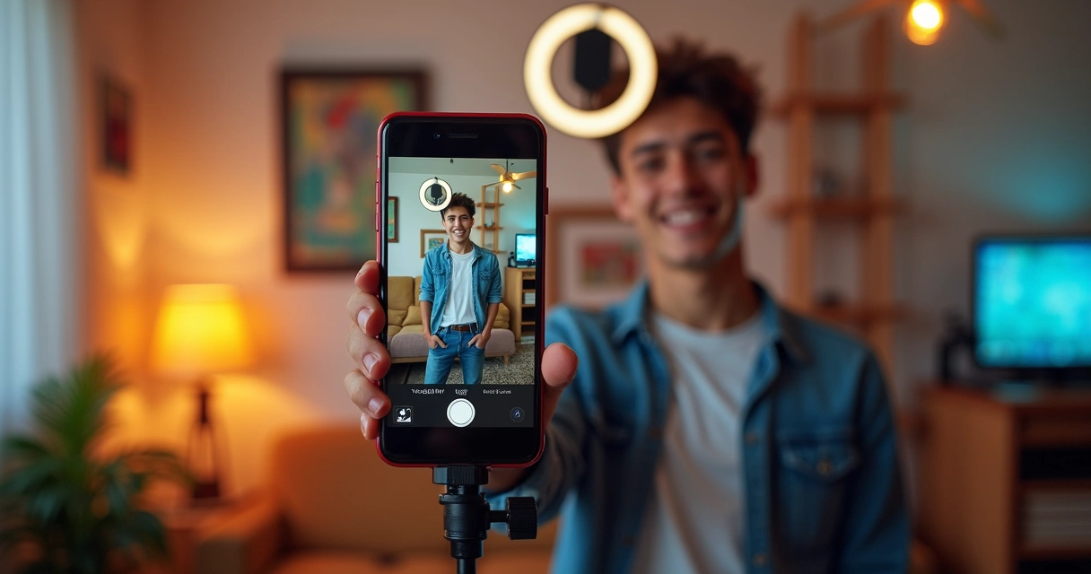 Pessoa gravando vídeo curto com celular 