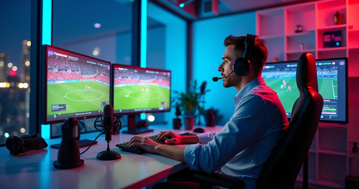 Streamer transmitindo futebol de estúdio moderno com equipamentos profissionais