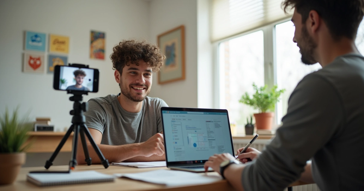 Homem produzindo vídeo curto com celular em ambiente iluminado. 