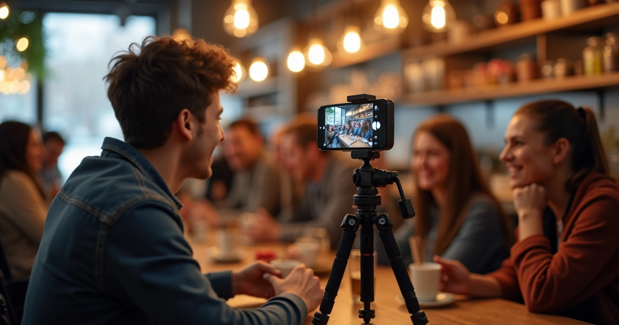 Influenciador digital grava vídeo com seguidores ao redor 