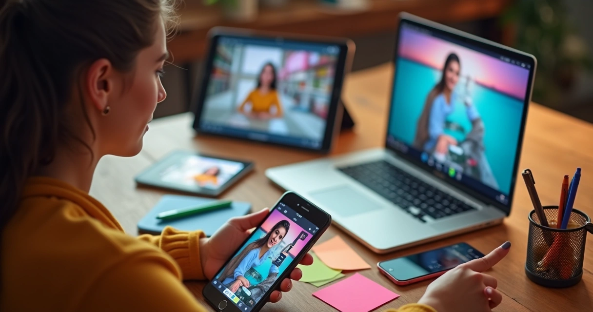 Mulher criando conteúdo de redes sociais em notebook e celular 
